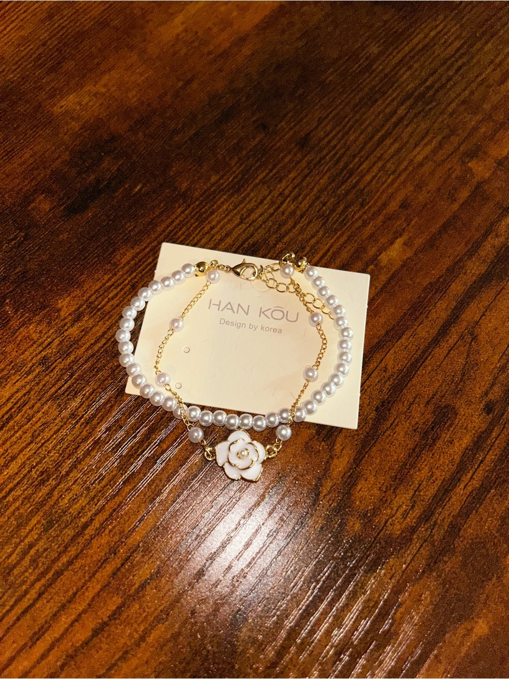 White Pearl Bracelet with Gold Chain and Floral Charm
